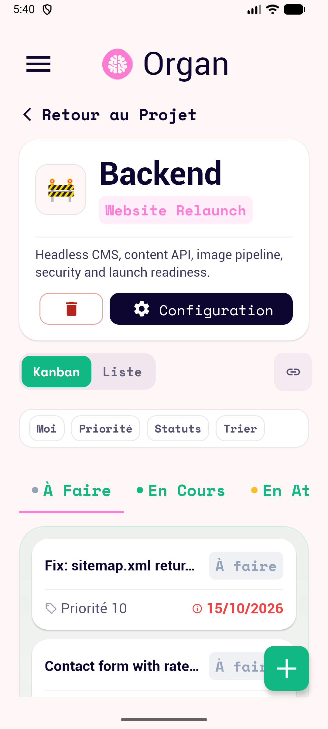 Organ Android app: Kanban board